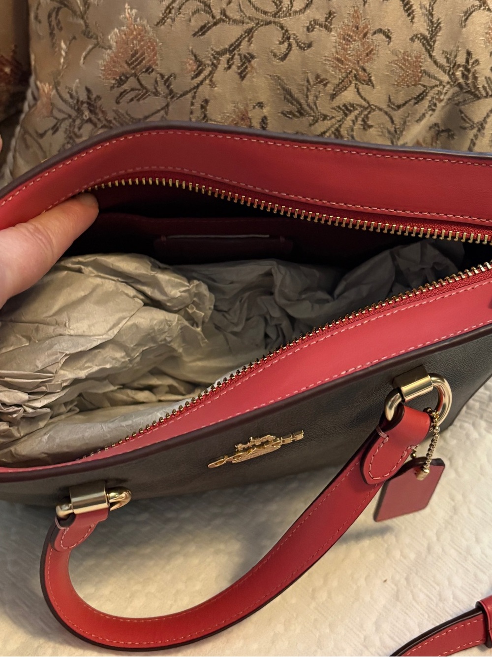 Coach Brown Signature Alice Tote with Brown/Watermelon Pink Trim and Wallet set - Picture 3 of 11
